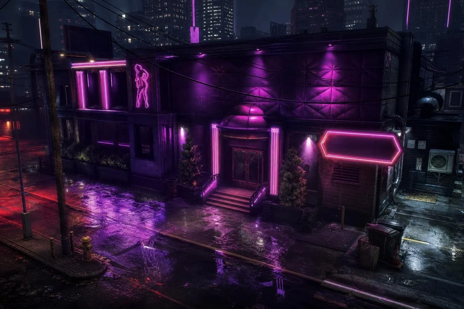 雨夜中的 Brothel Slop 建筑外景，紫色灯光映在街面