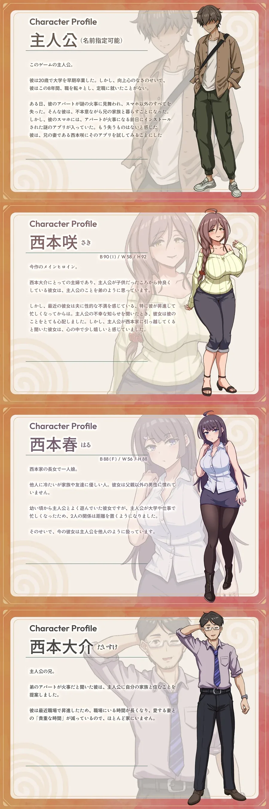 NTR家族角色档案，依次展示主人公、西本咲、西本春和西本大介的全身立绘