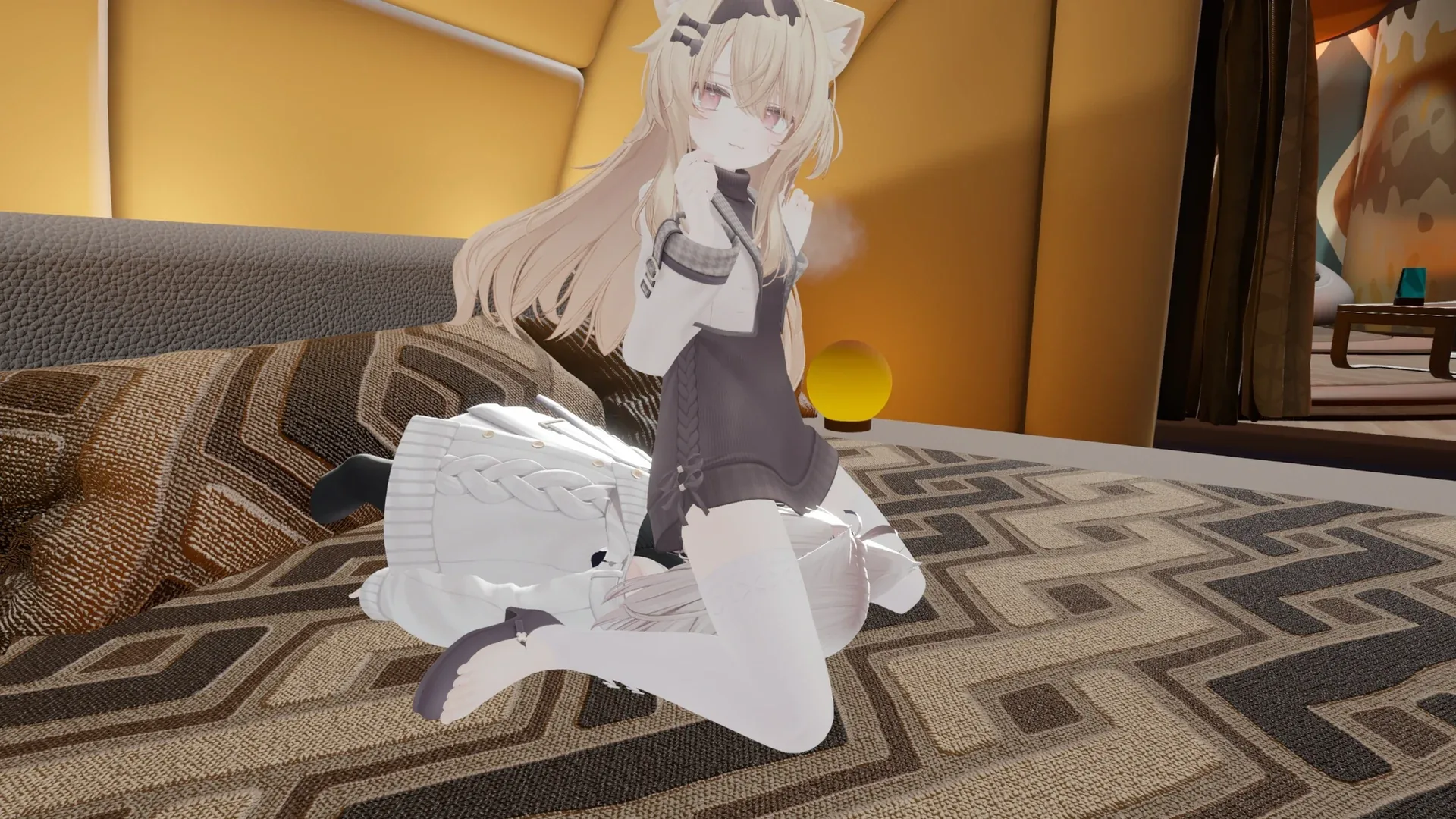 穿深色服装的 3D 虚拟角跪坐在酒店地毯上
